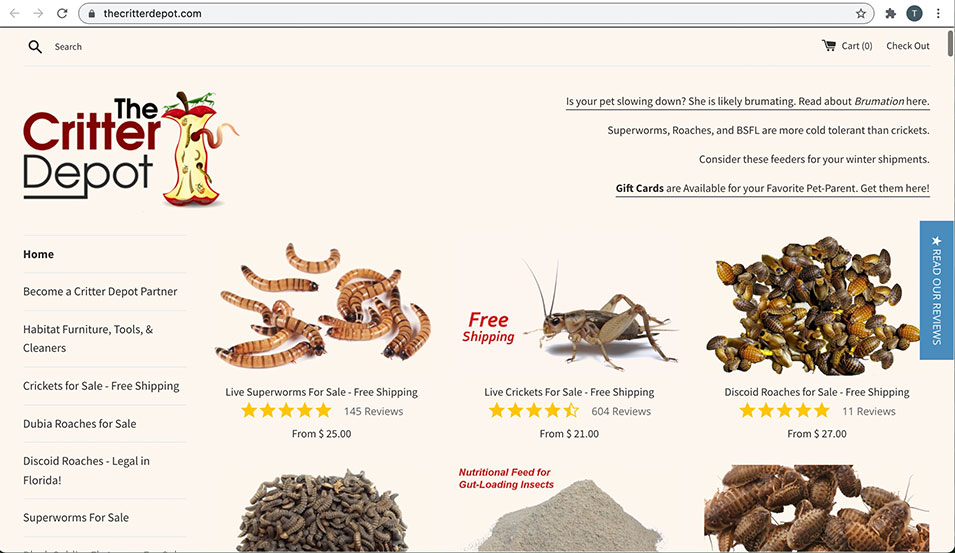 The Critter Depot web page