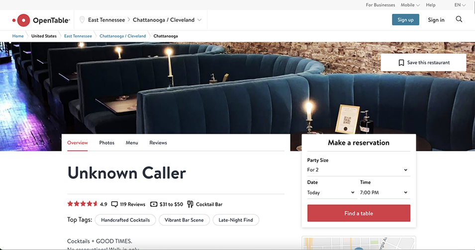 Screenshot of OpenTable page